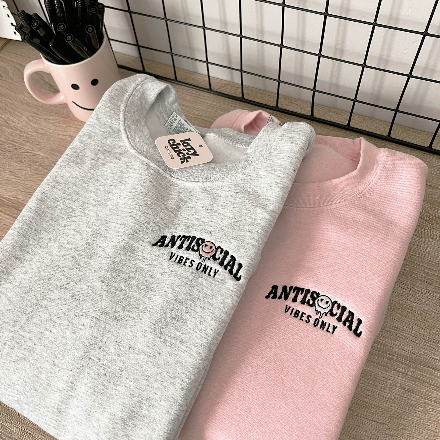 ANTISOCIAL VIBES Pink Embroidered Crewneck Sweatshirt