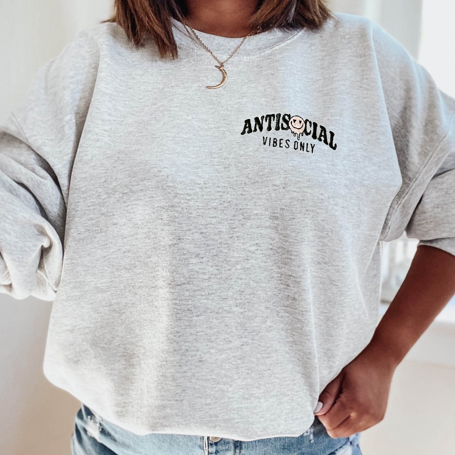 ANTISOCIAL VIBES Ash Gray Embroidered Crewneck Sweatshirt