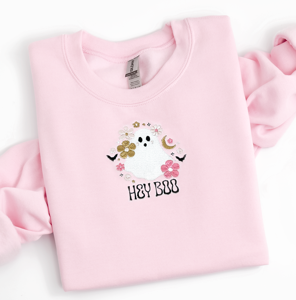 HEY BOO Light Pink Embroidered Halloween Crewneck Sweatshirt (Center)