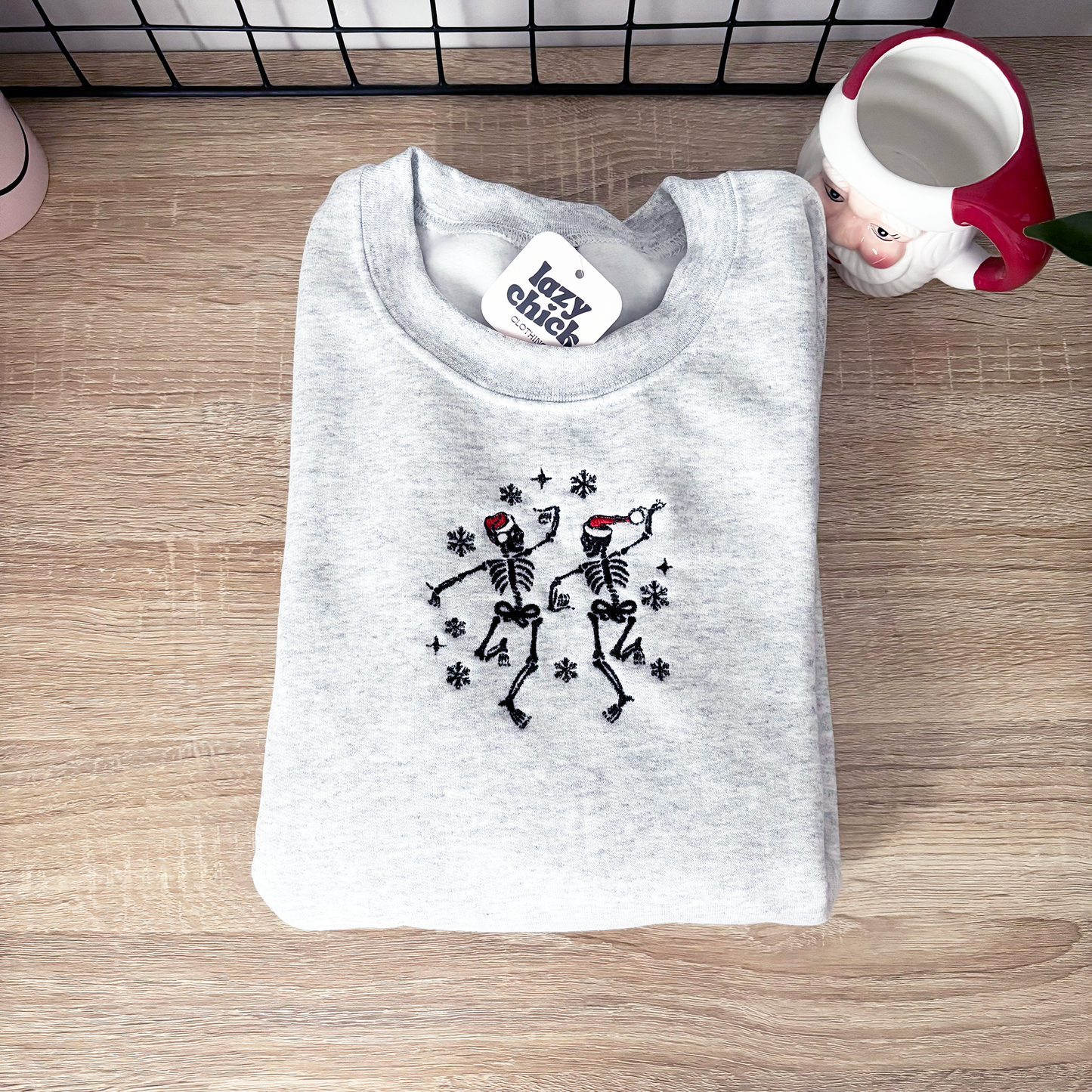 DANCING CHRISTMAS SKELETONS Ash Gray Embroidered Christmas Crewneck Sweatshirt