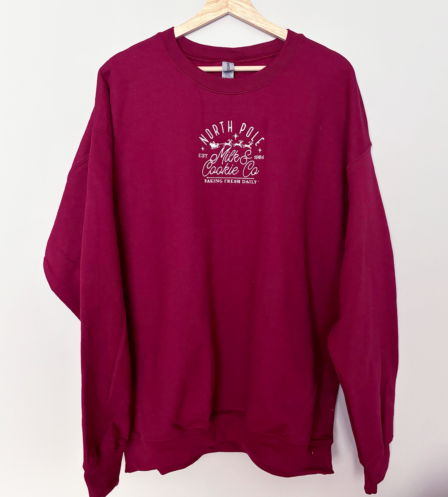 NORTH POLE Dark Burgundy Red Embroidered Christmas Crewneck Sweatshirt