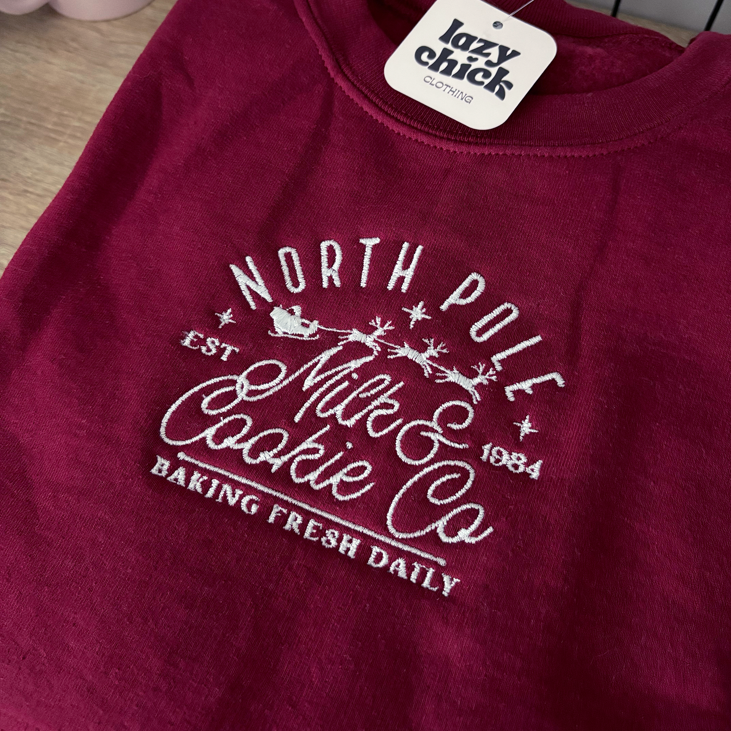 NORTH POLE Dark Burgundy Red Embroidered Christmas Crewneck Sweatshirt