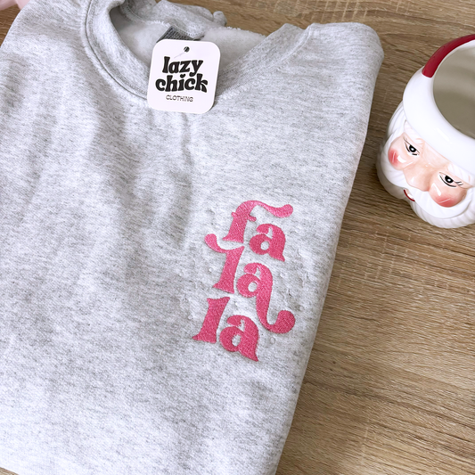 FA LA LA Ash Gray Embroidered Christmas Crewneck Sweatshirt