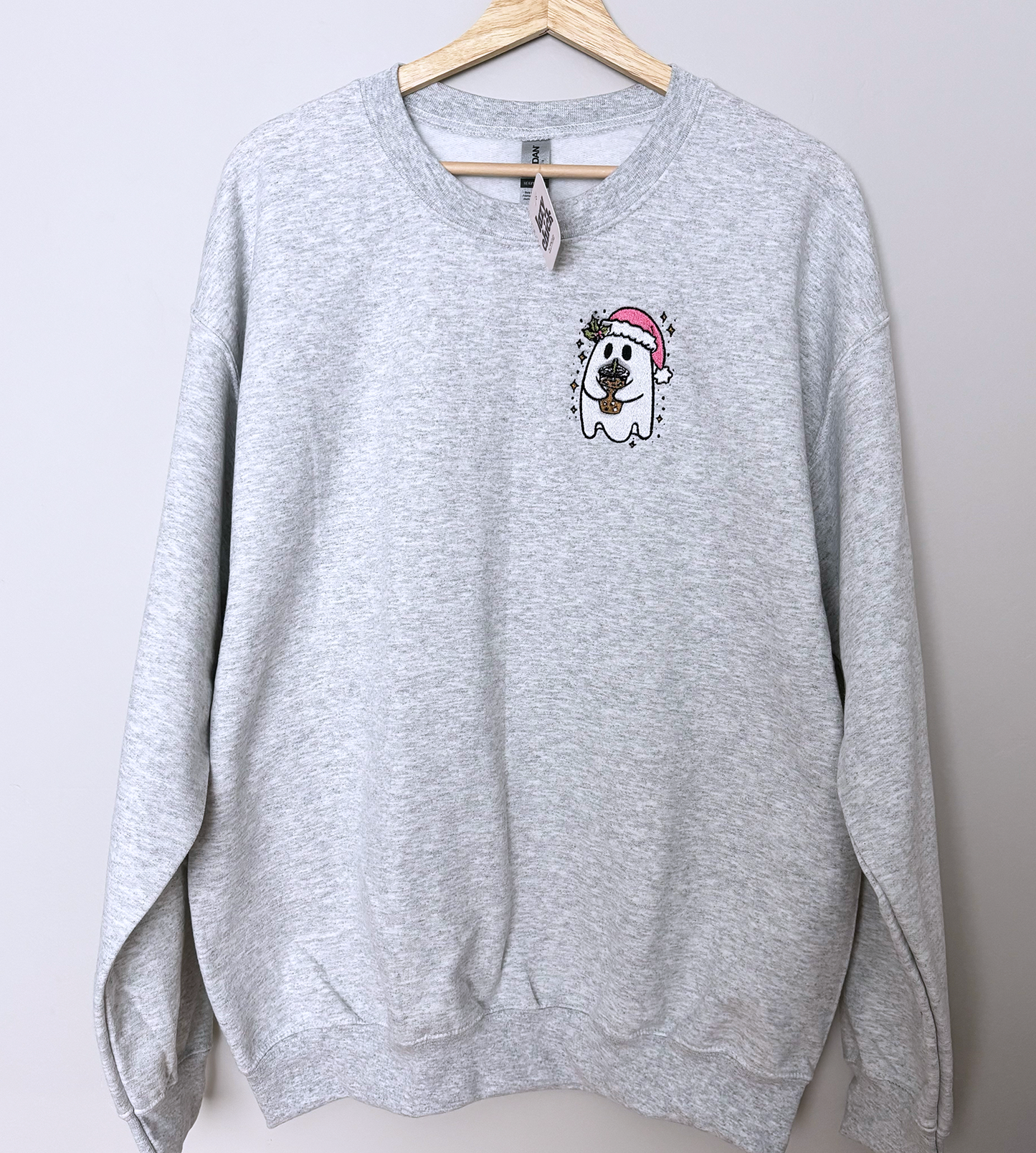 Christmas Ghost Ash Gray Embroidered Christmas Crewneck Sweatshirt