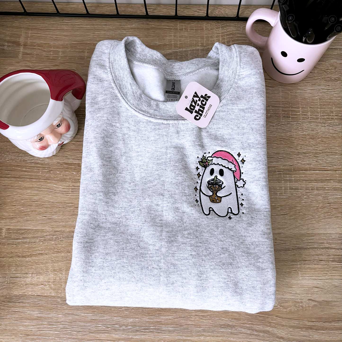 Christmas Ghost Ash Gray Embroidered Christmas Crewneck Sweatshirt