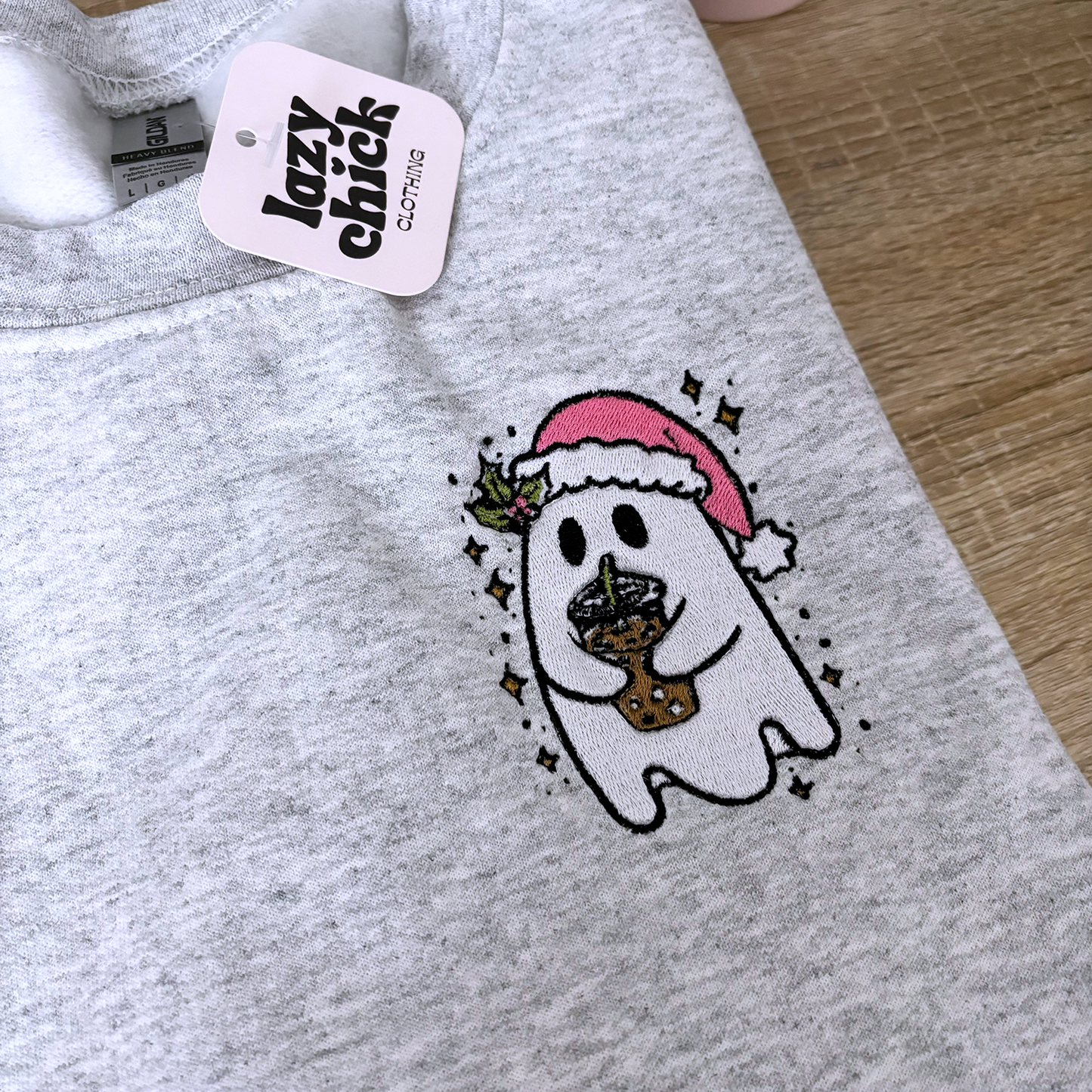 Christmas Ghost Ash Gray Embroidered Christmas Crewneck Sweatshirt