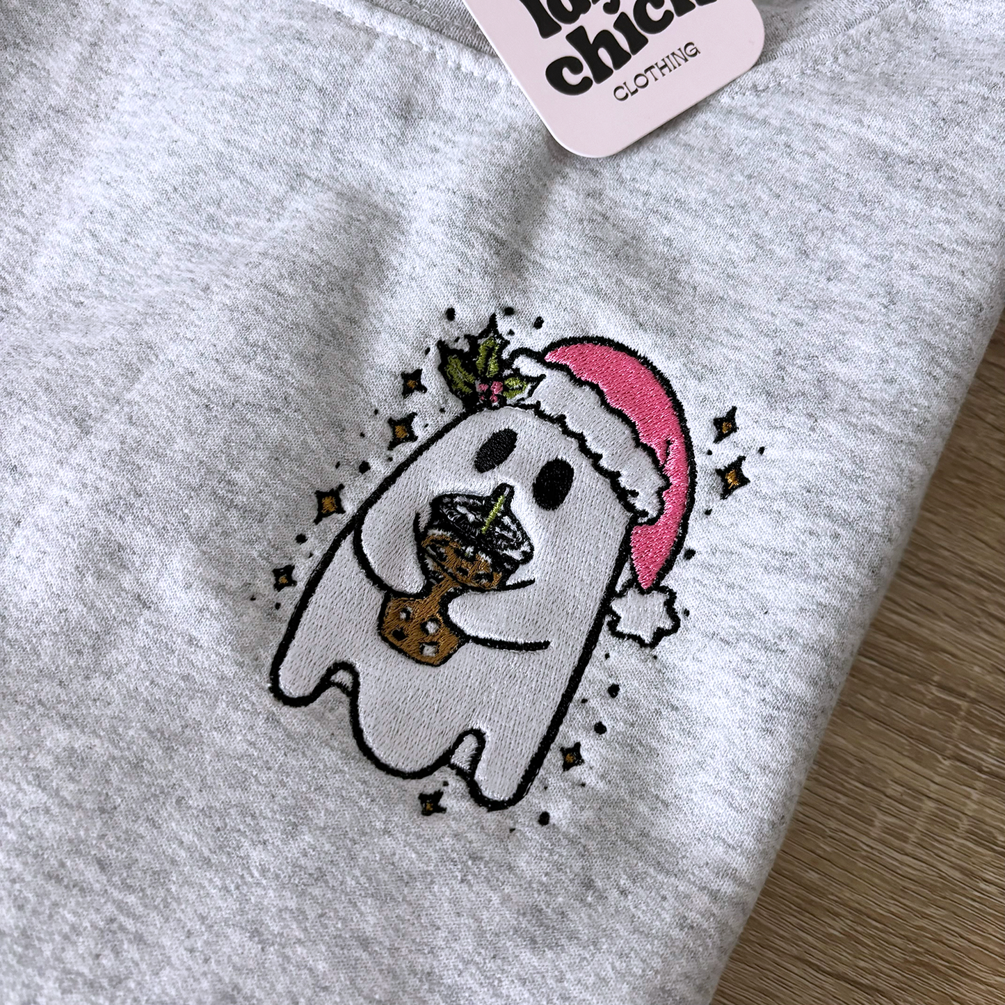 Christmas Ghost Ash Gray Embroidered Christmas Crewneck Sweatshirt