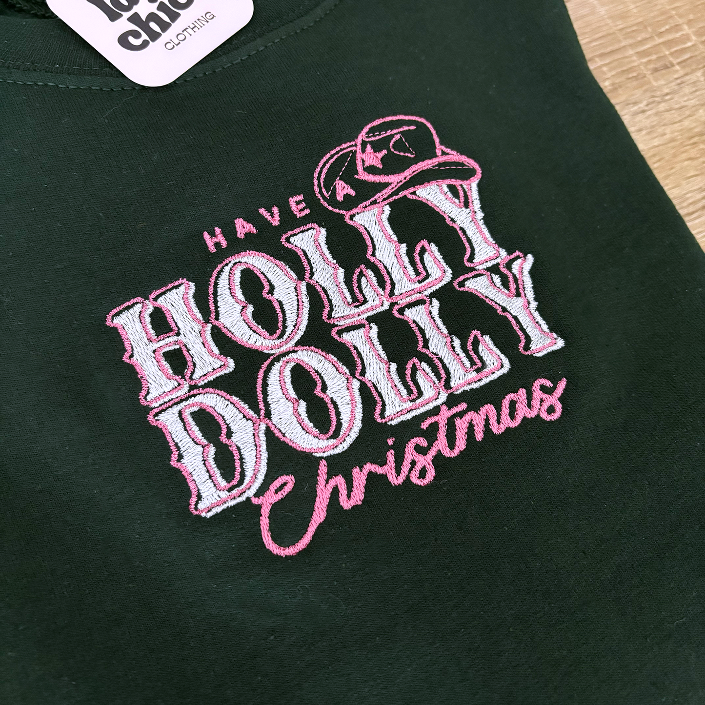 HOLLY DOLLY CHRISTMAS Green Embroidered Christmas Crewneck Sweatshirt