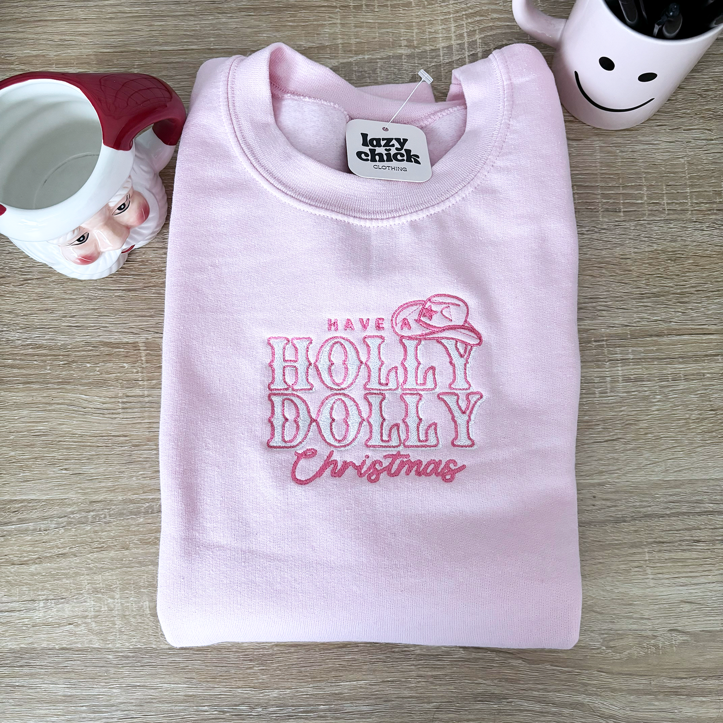 HOLLY DOLLY CHRISTMAS Pink Embroidered Christmas Crewneck Sweatshirt