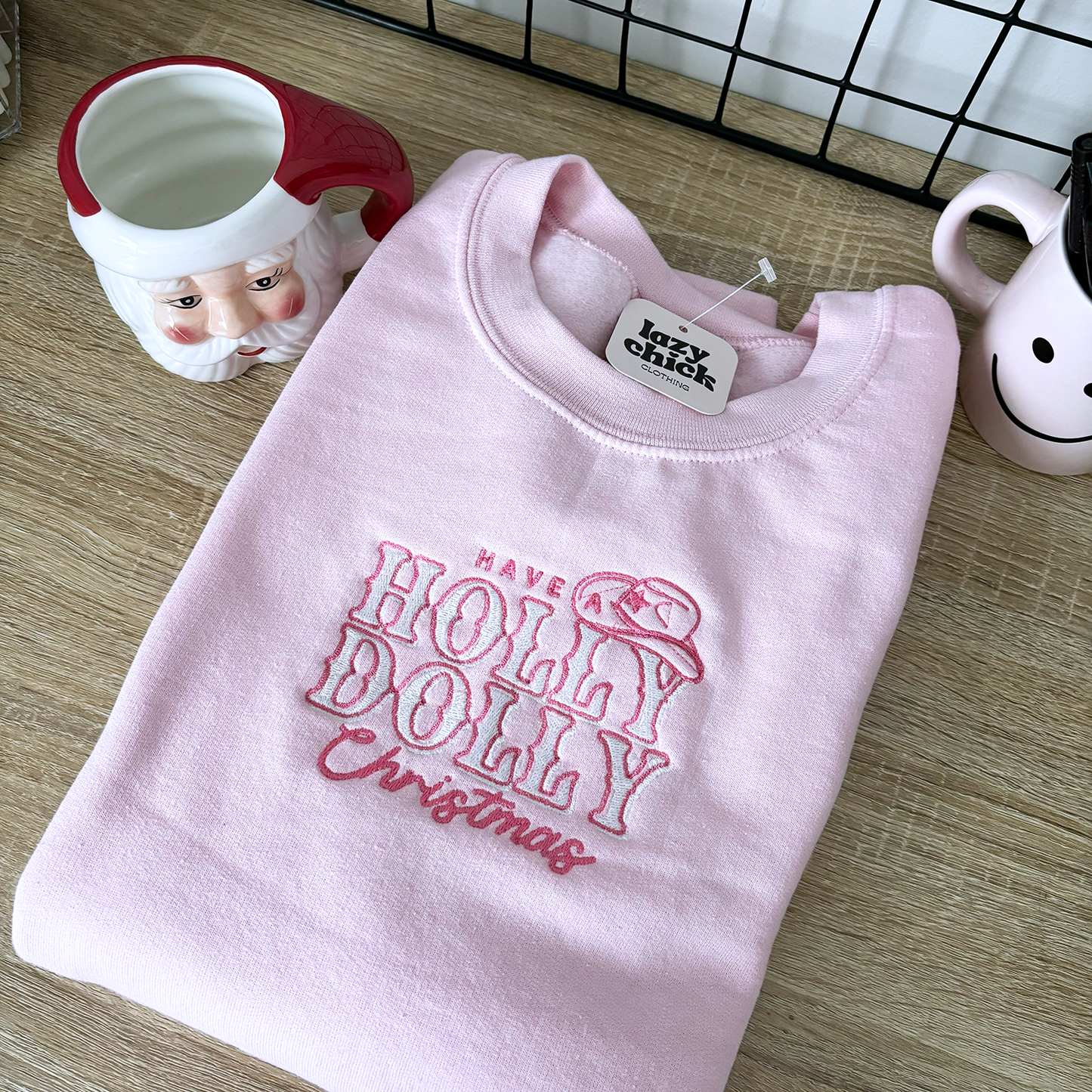 HOLLY DOLLY CHRISTMAS Pink Embroidered Christmas Crewneck Sweatshirt