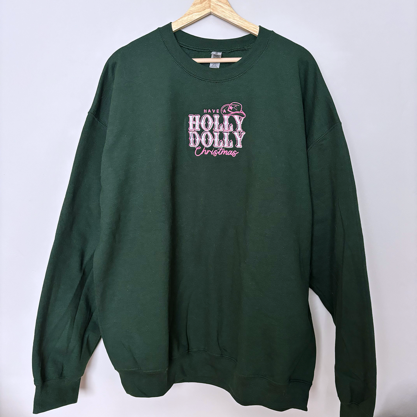 HOLLY DOLLY CHRISTMAS Green Embroidered Christmas Crewneck Sweatshirt