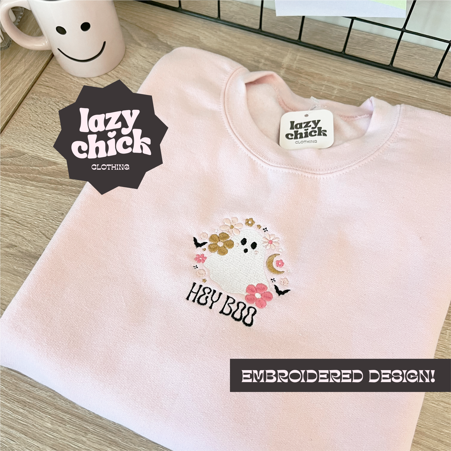 HEY BOO Light Pink Embroidered Halloween Crewneck Sweatshirt (Center)