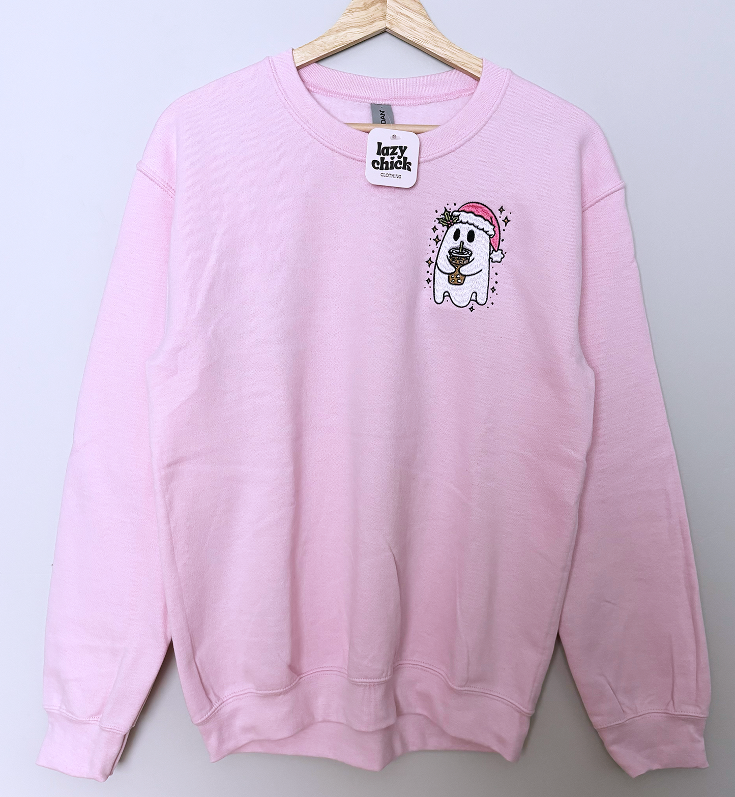 Christmas Ghost Pink Embroidered Christmas Crewneck Sweatshirt