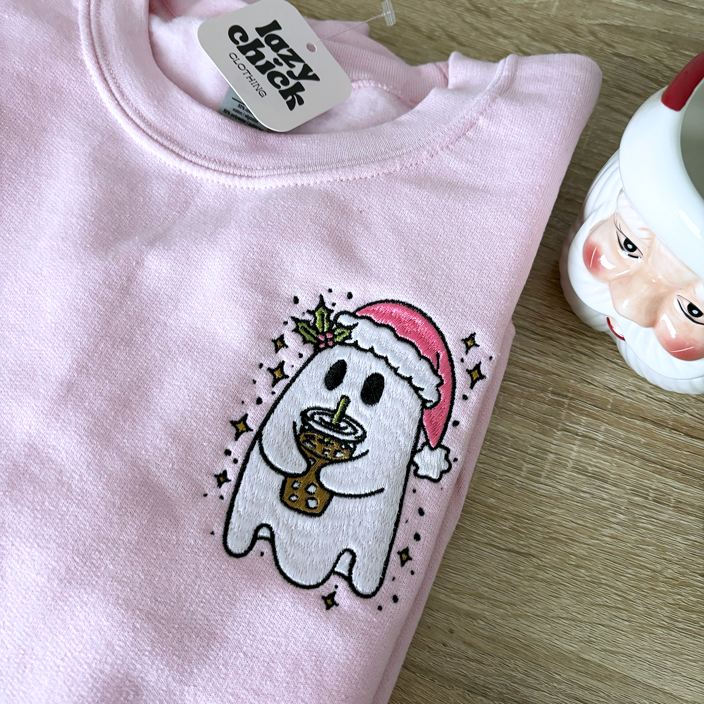 Christmas Ghost Pink Embroidered Christmas Crewneck Sweatshirt