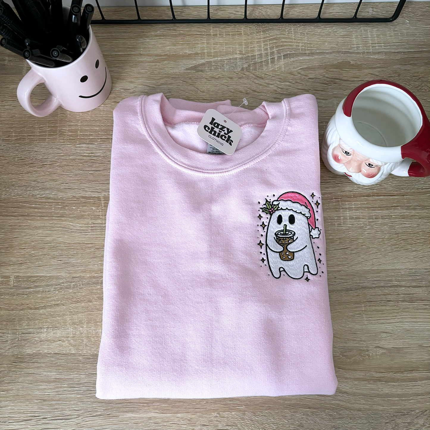 Christmas Ghost Pink Embroidered Christmas Crewneck Sweatshirt