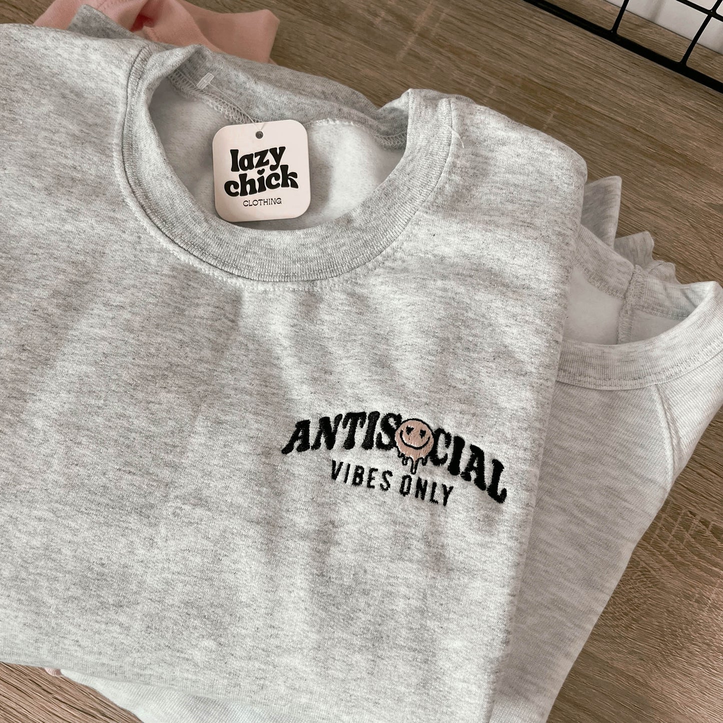 ANTISOCIAL VIBES Ash Gray Embroidered Crewneck Sweatshirt