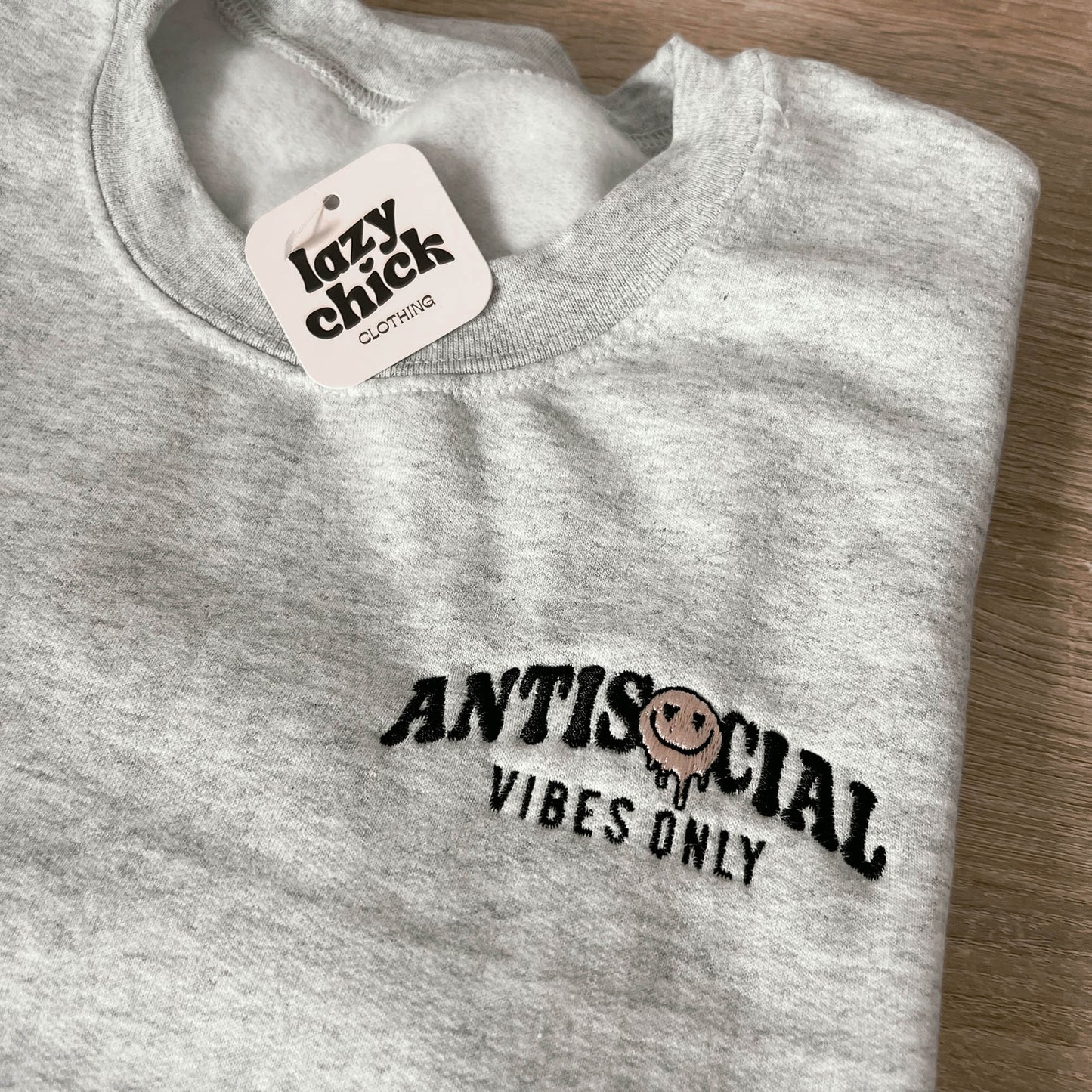 ANTISOCIAL VIBES Ash Gray Embroidered Crewneck Sweatshirt