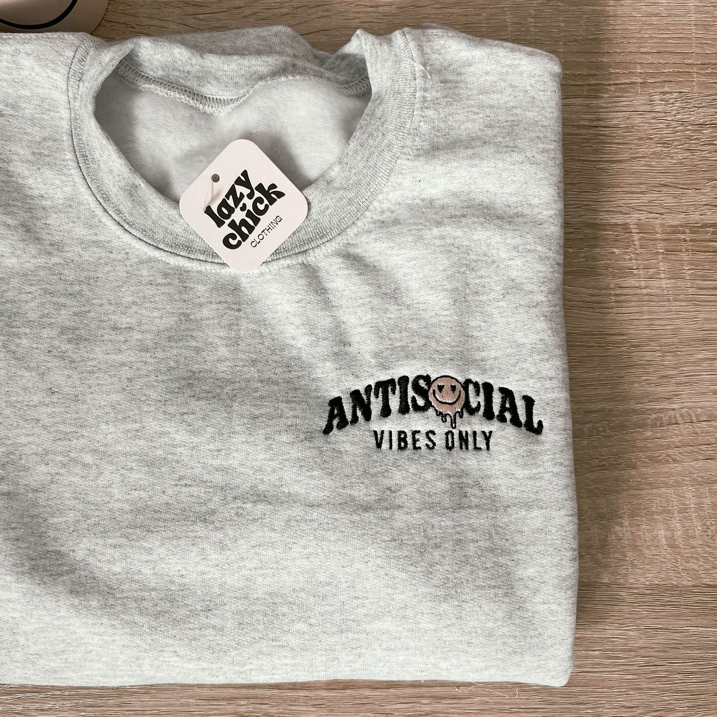 ANTISOCIAL VIBES Ash Gray Embroidered Crewneck Sweatshirt