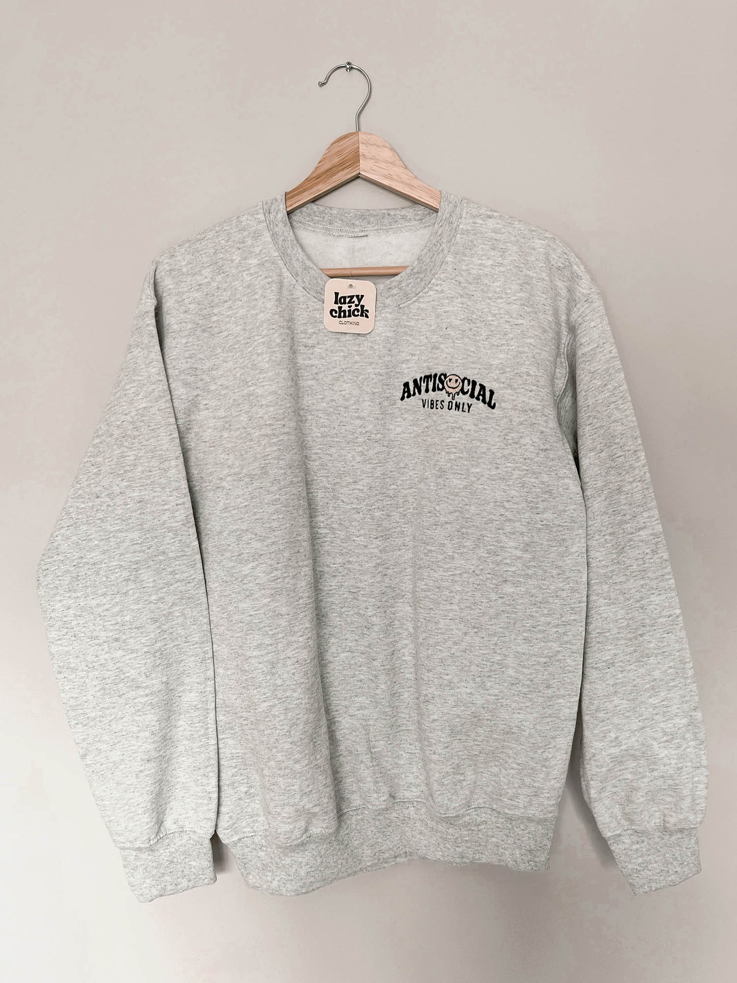 ANTISOCIAL VIBES Ash Gray Embroidered Crewneck Sweatshirt