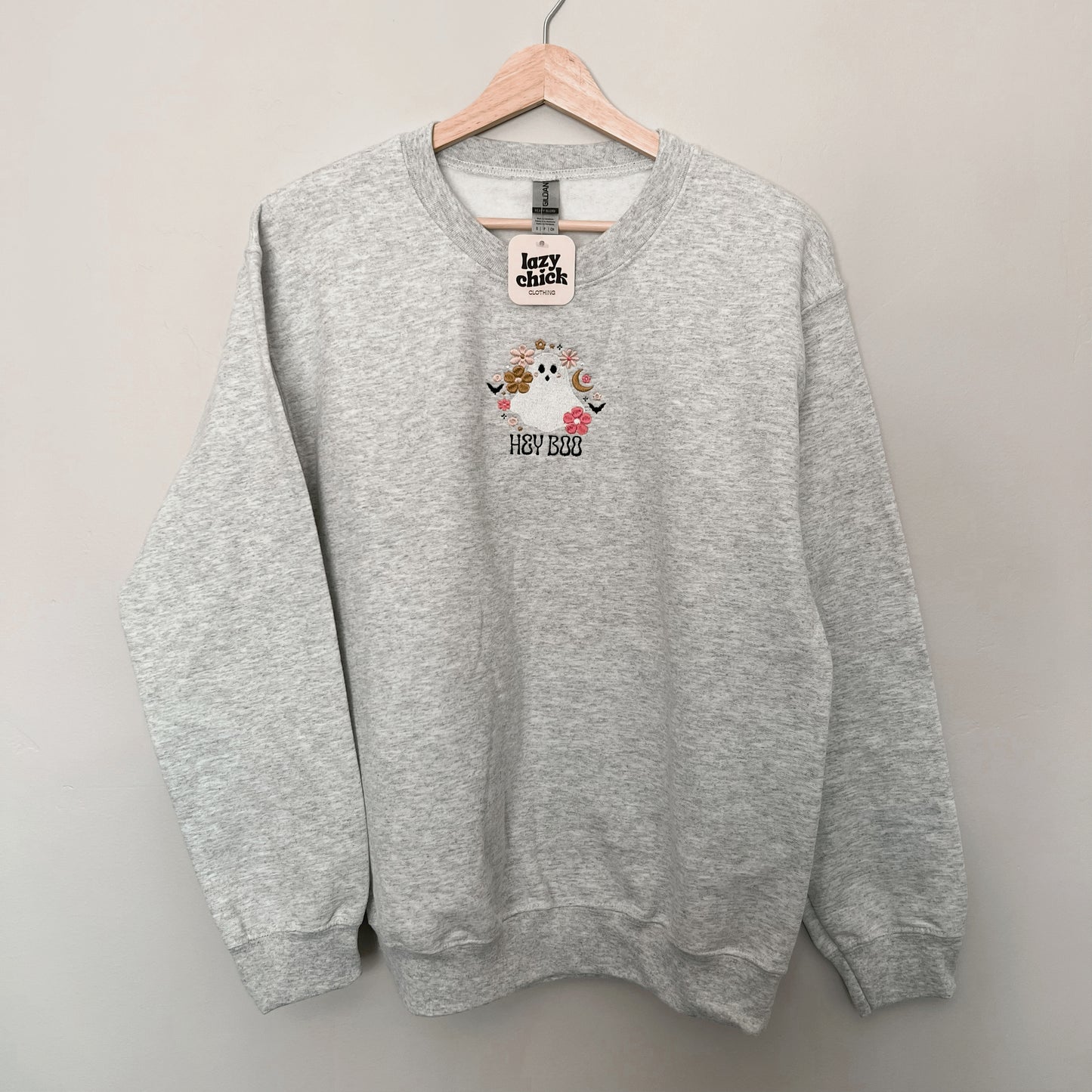 HEY BOO Ash Gray Embroidered Halloween Crewneck Sweatshirt (Center)