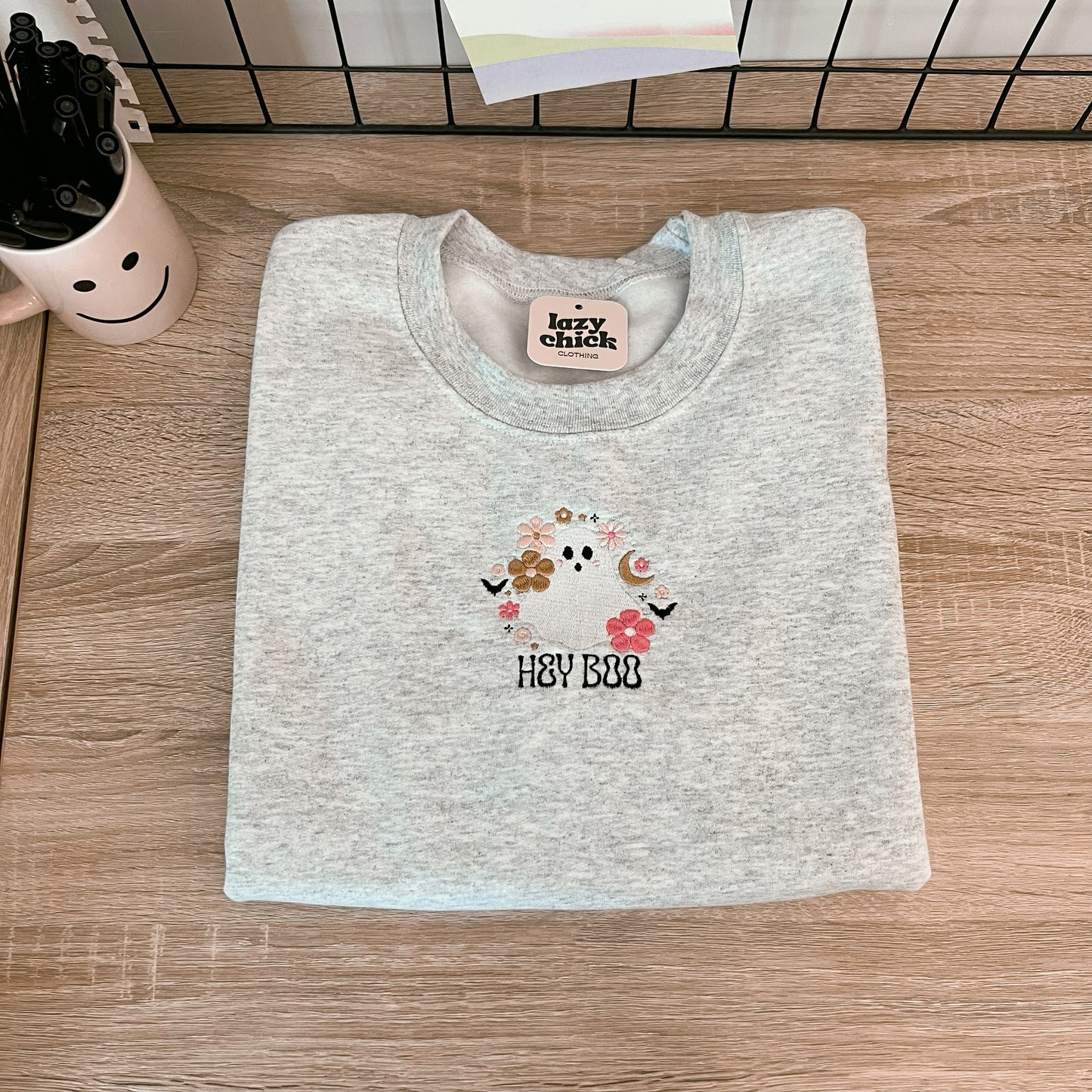 HEY BOO Ash Gray Embroidered Halloween Crewneck Sweatshirt (Center)