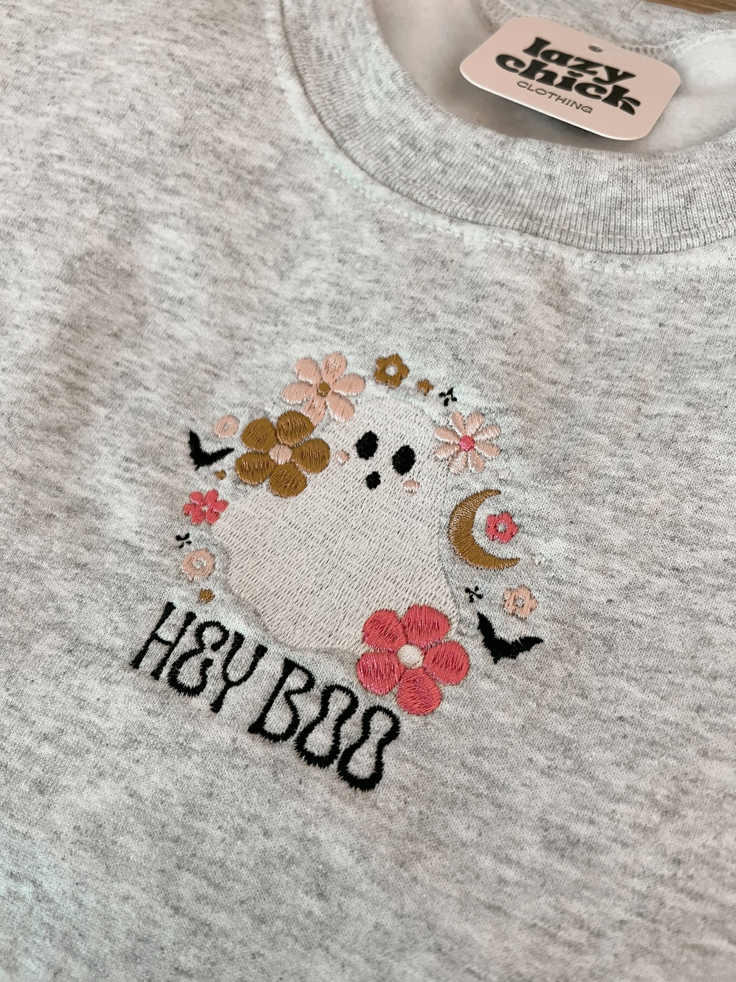 HEY BOO Ash Gray Embroidered Halloween Crewneck Sweatshirt (Center)