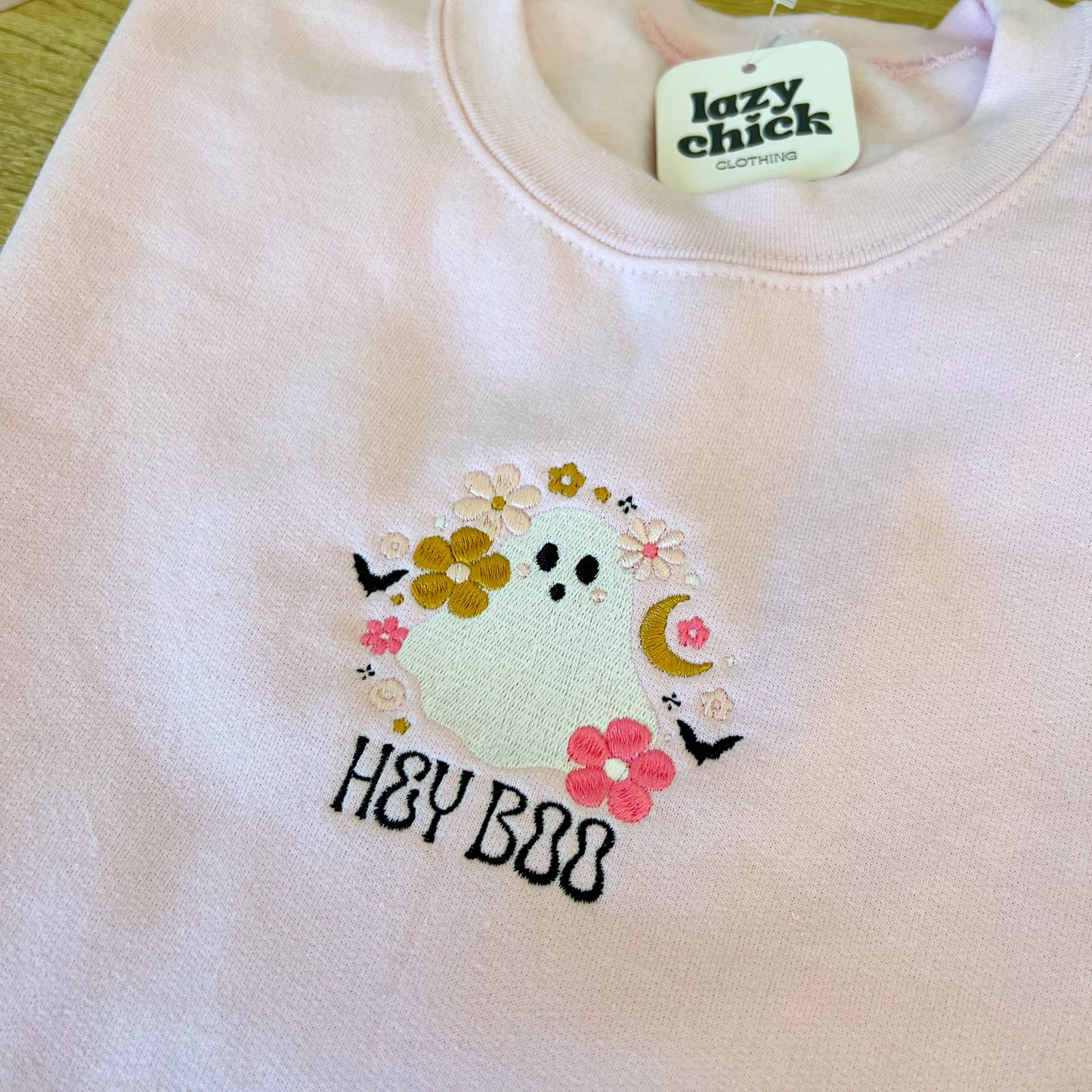 HEY BOO Light Pink Embroidered Halloween Crewneck Sweatshirt (Center)