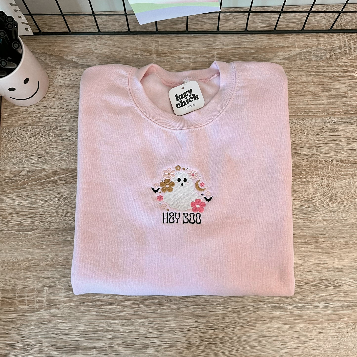 HEY BOO Light Pink Embroidered Halloween Crewneck Sweatshirt (Center)