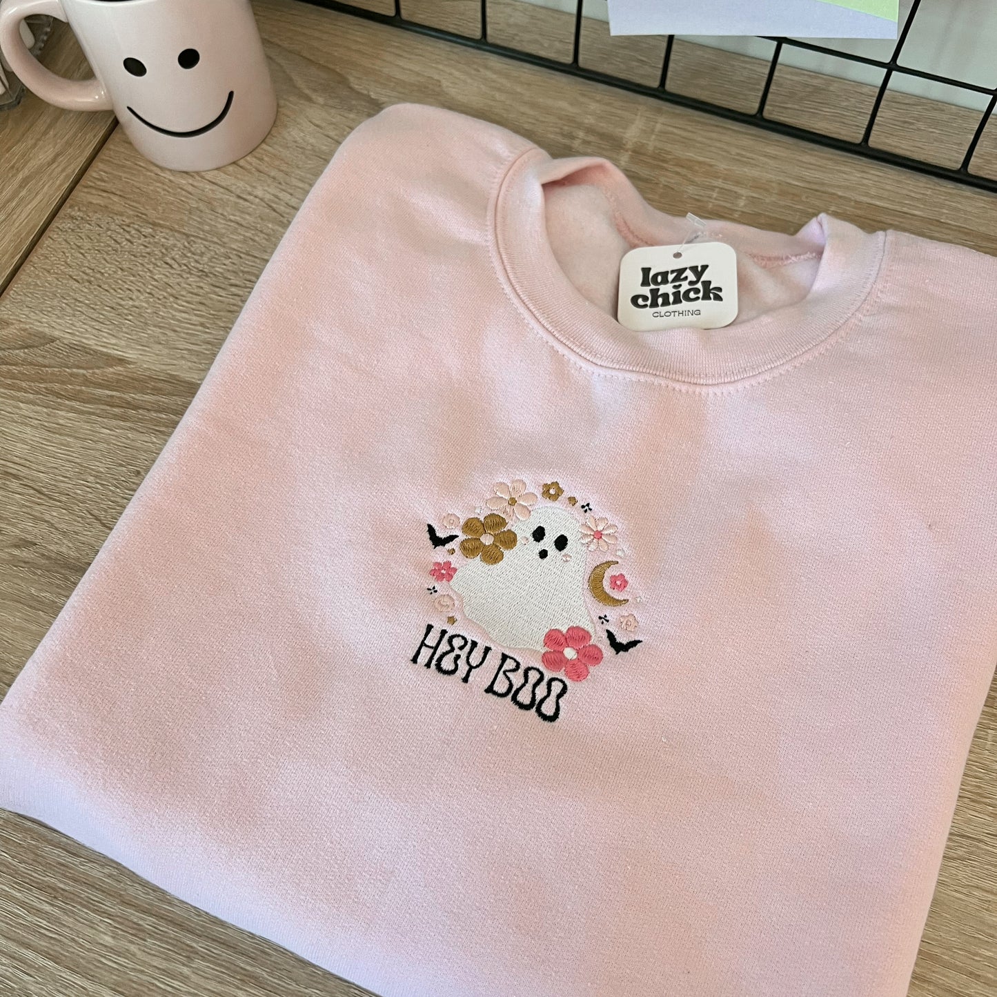 HEY BOO Light Pink Embroidered Halloween Crewneck Sweatshirt (Center)