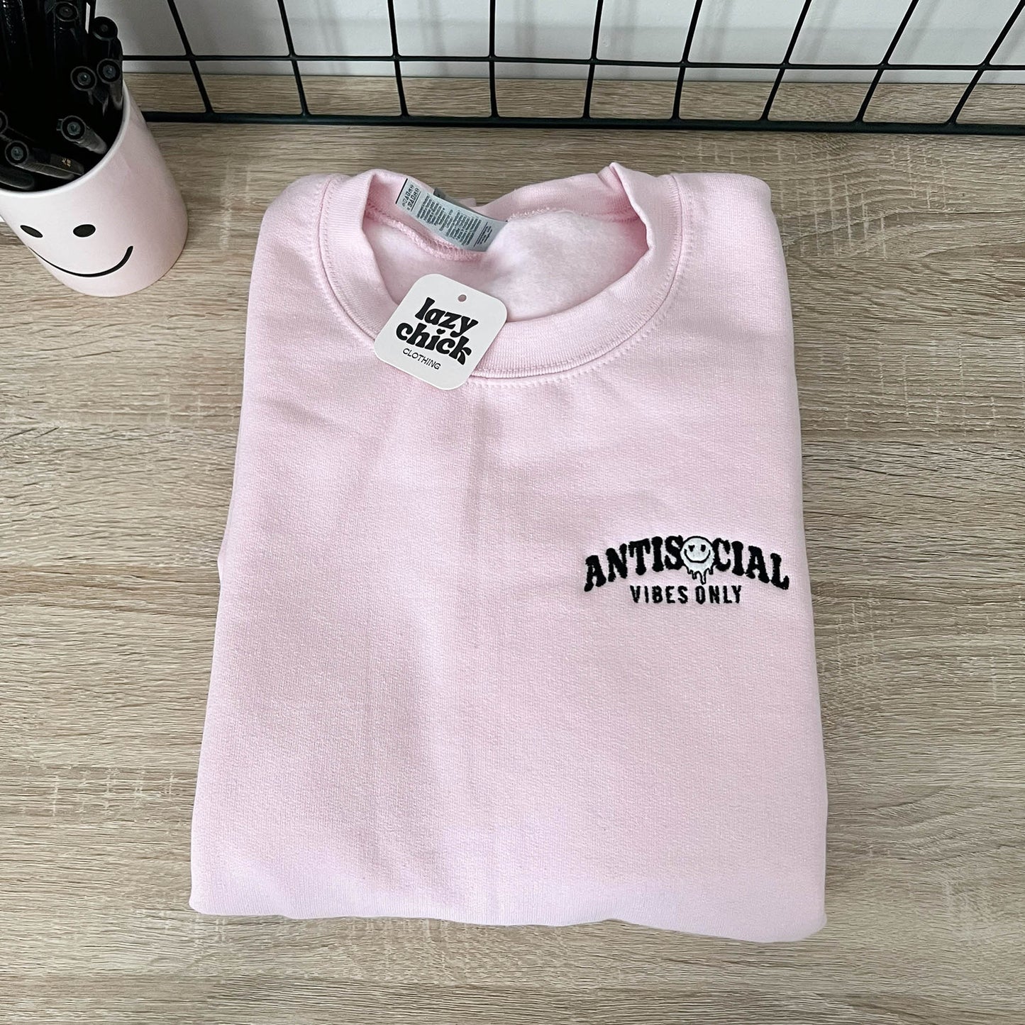 ANTISOCIAL VIBES Pink Embroidered Crewneck Sweatshirt