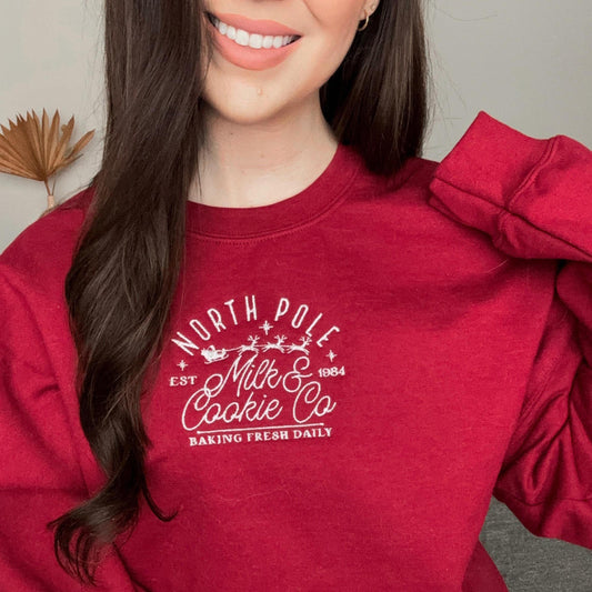 NORTH POLE Dark Burgundy Red Embroidered Christmas Crewneck Sweatshirt