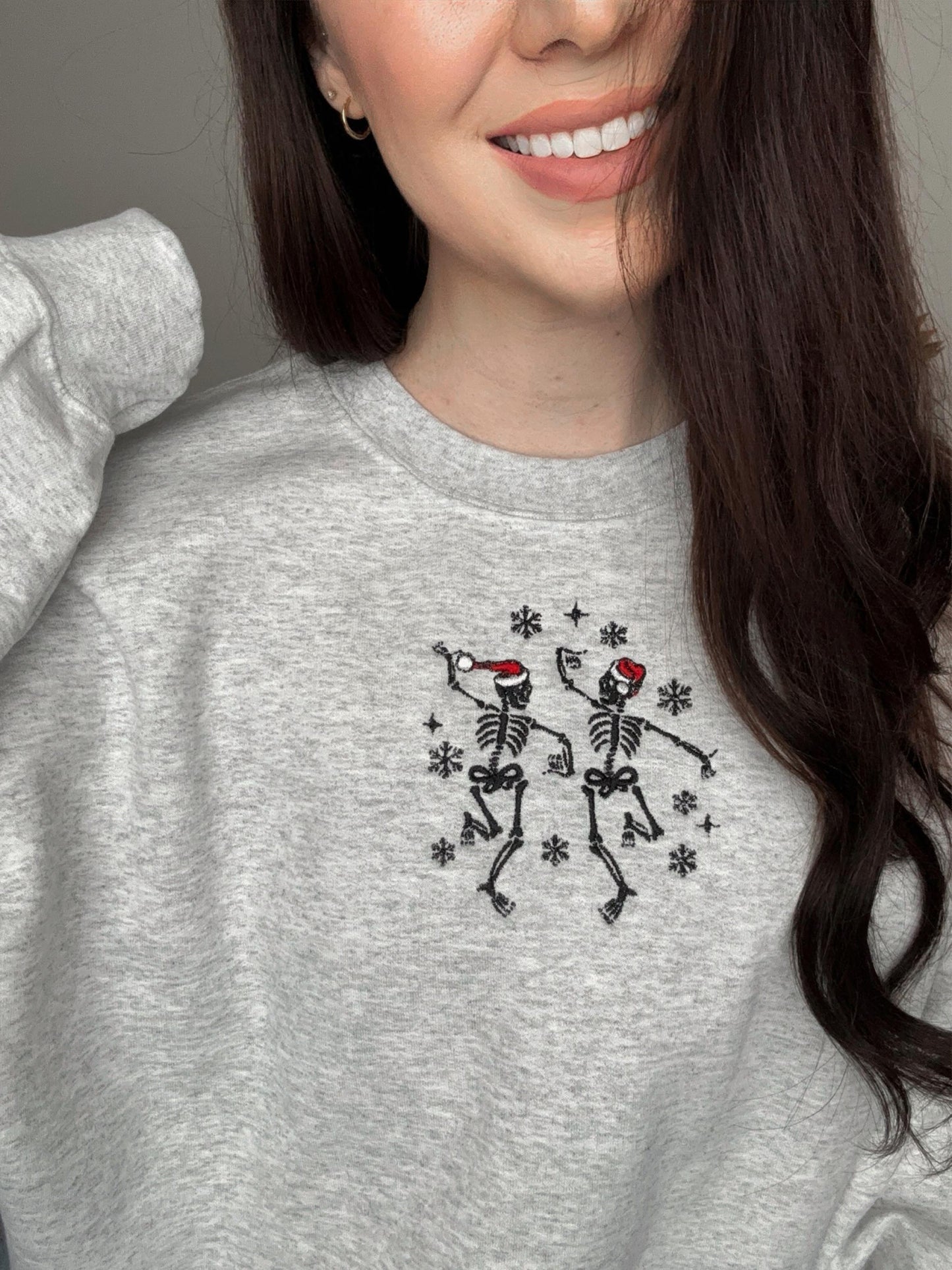 DANCING CHRISTMAS SKELETONS Ash Gray Embroidered Christmas Crewneck Sweatshirt