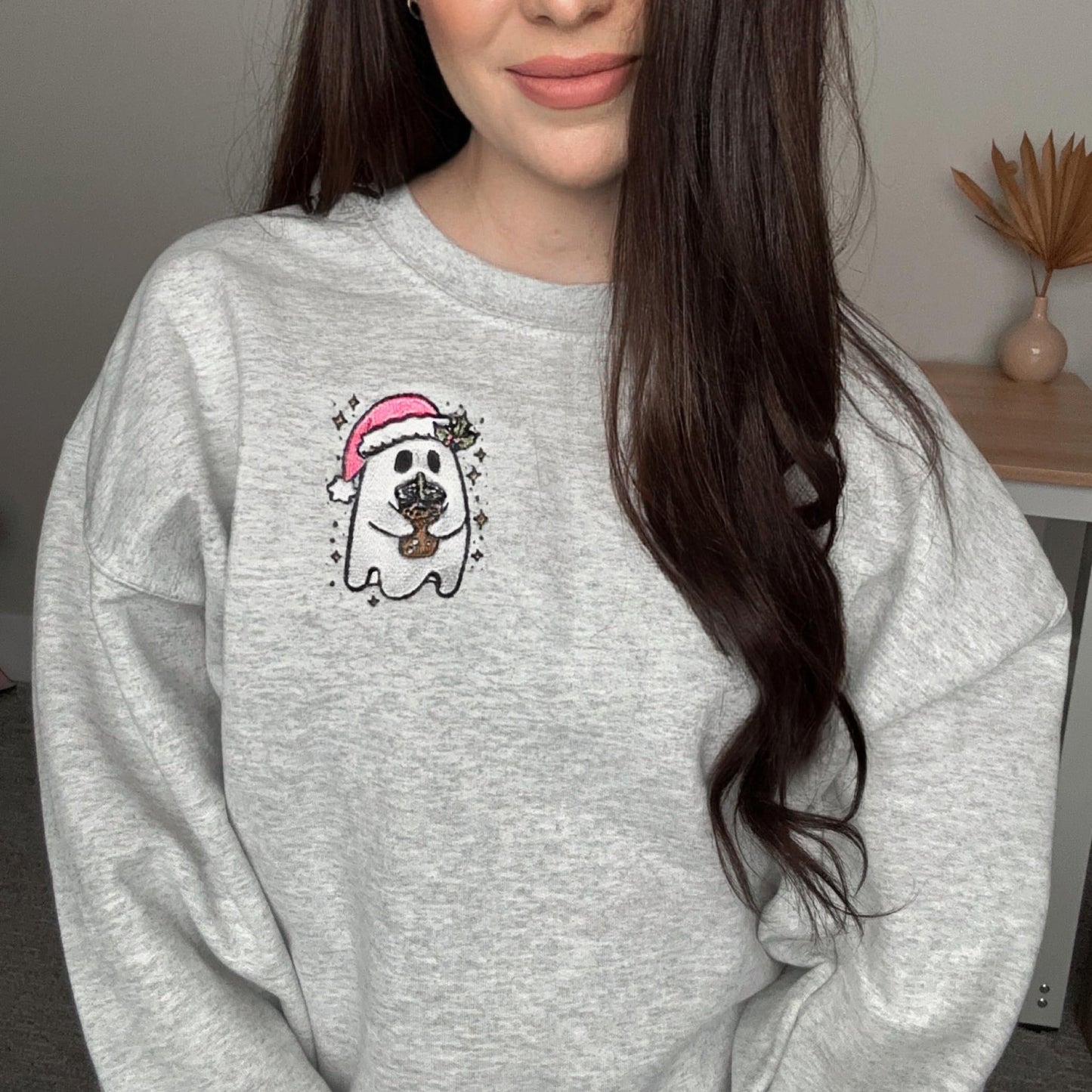 Christmas Ghost Ash Gray Embroidered Christmas Crewneck Sweatshirt