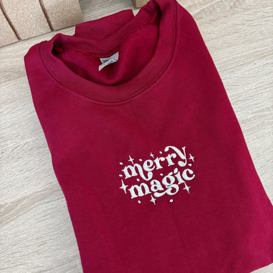 MERRY MAGIC Serif Burgundy Embroidered Christmas Crewneck Sweatshirt