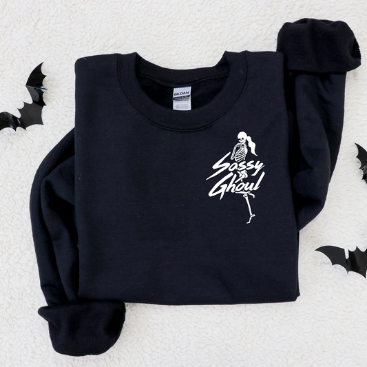 SASSY GHOUL Embroidered Black Cropped Crewneck Sweatshirt